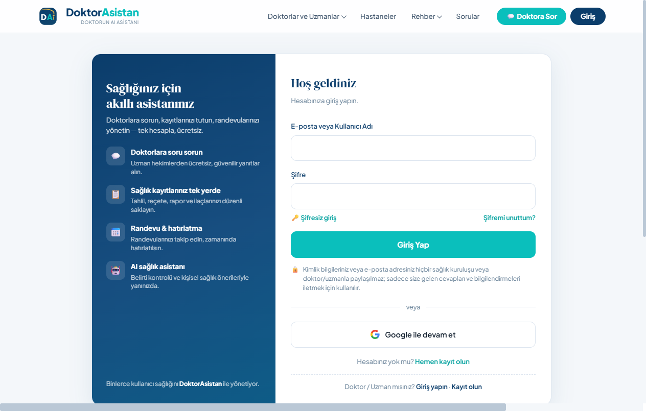 DoktorAsistan hasta girişi — Google ile tek tık veya e-posta ile hızlı kayıt